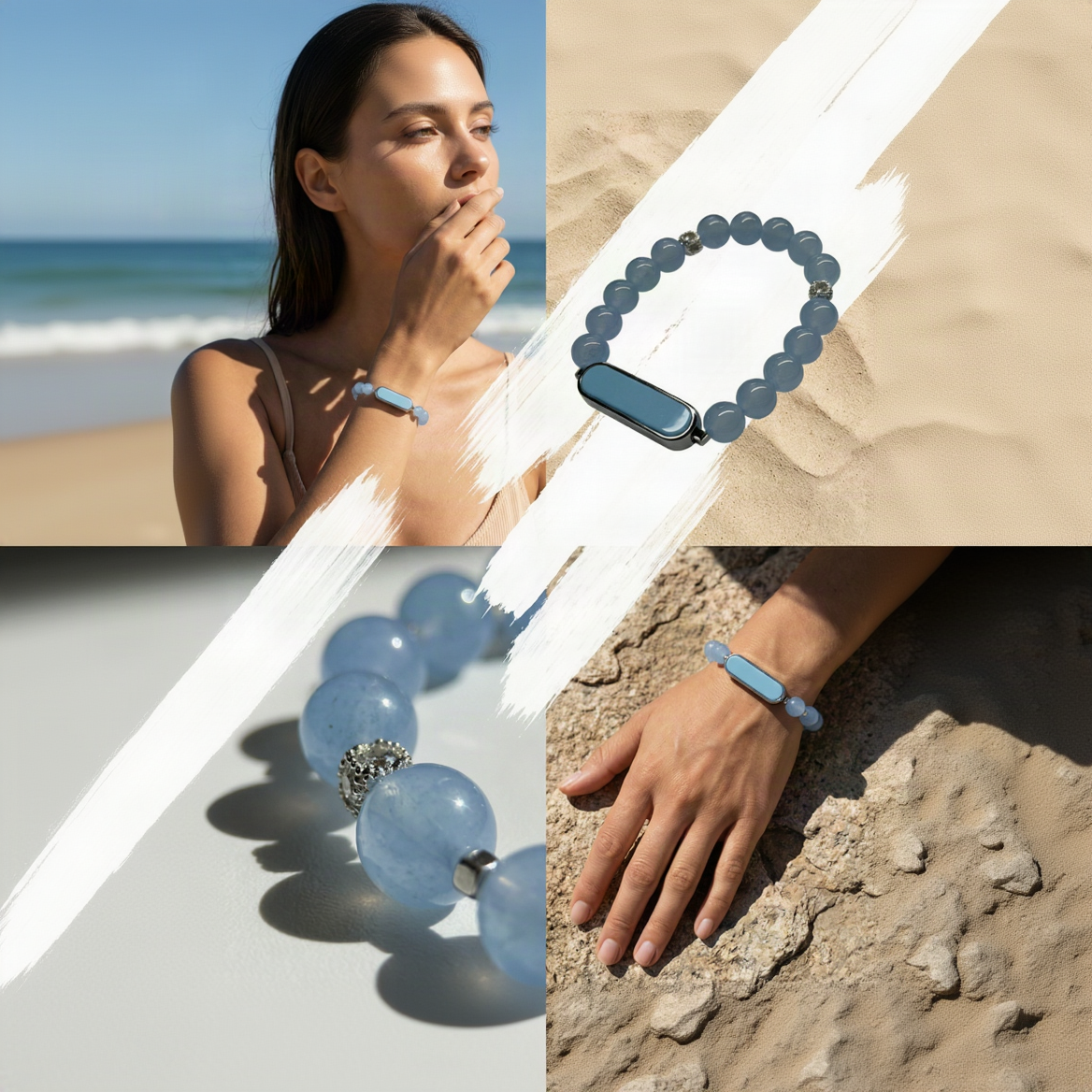 Collage of a woman at the beach wearing blue beaded jewelry, including a necklace, bracelet, and ring.