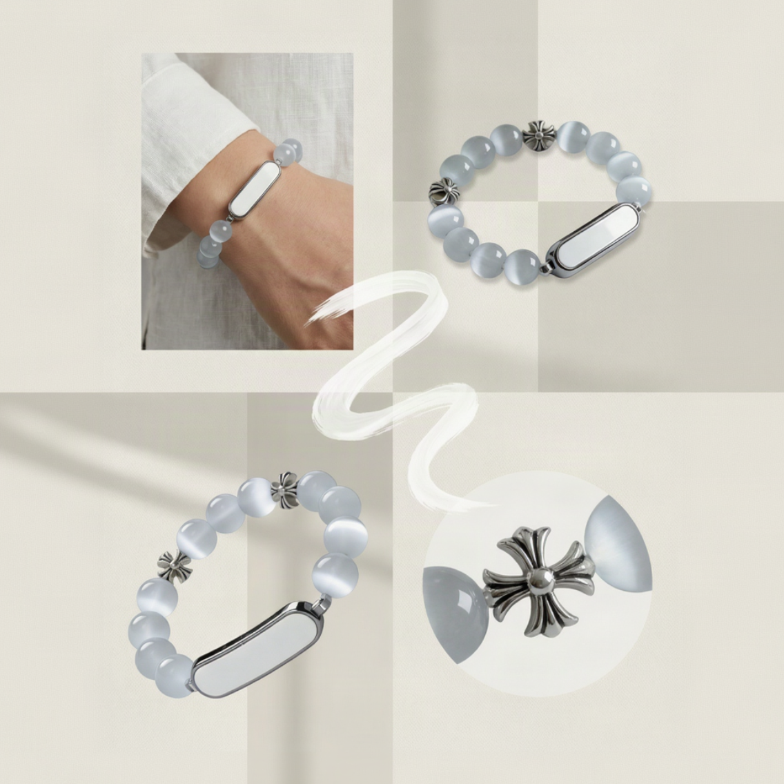 A collage showing a beaded bracelet worn on a wrist, close-up views of the bracelet, and a detail of the silver cross clasp. The beads are a pale icy blue-gray with a glossy finish, and the clasp features a silver-toned cross and a white inlay.