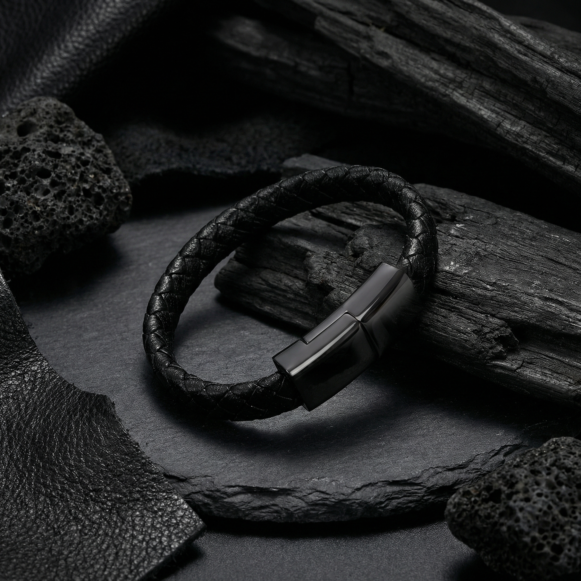 Black leather charging bracelet with metal clasp on a dark stone surface