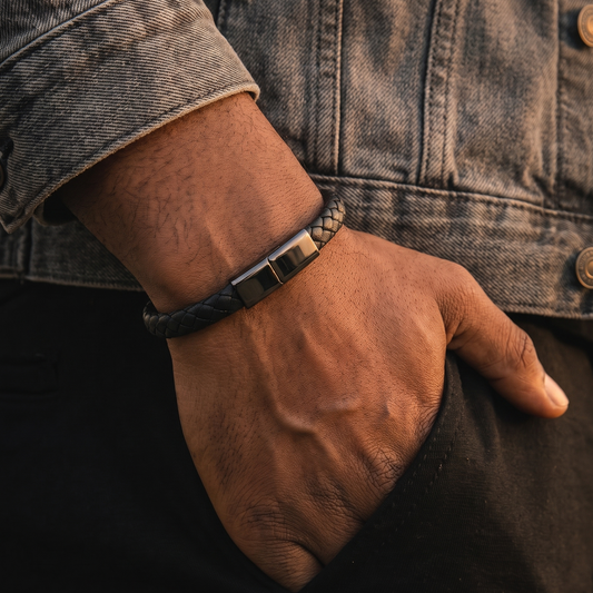 Hand wearing a black leather bracelet with a metal clasp, against a denim jacket background.
