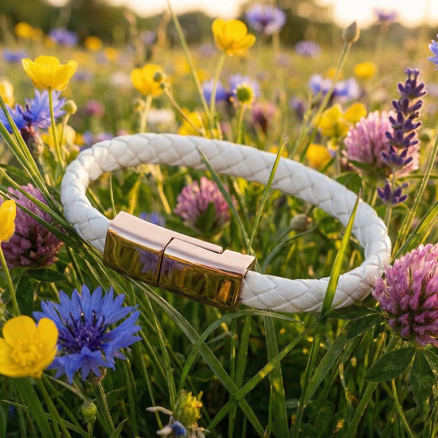 White leather charging bracelet with a gold clasp on a background of colorful flowers.