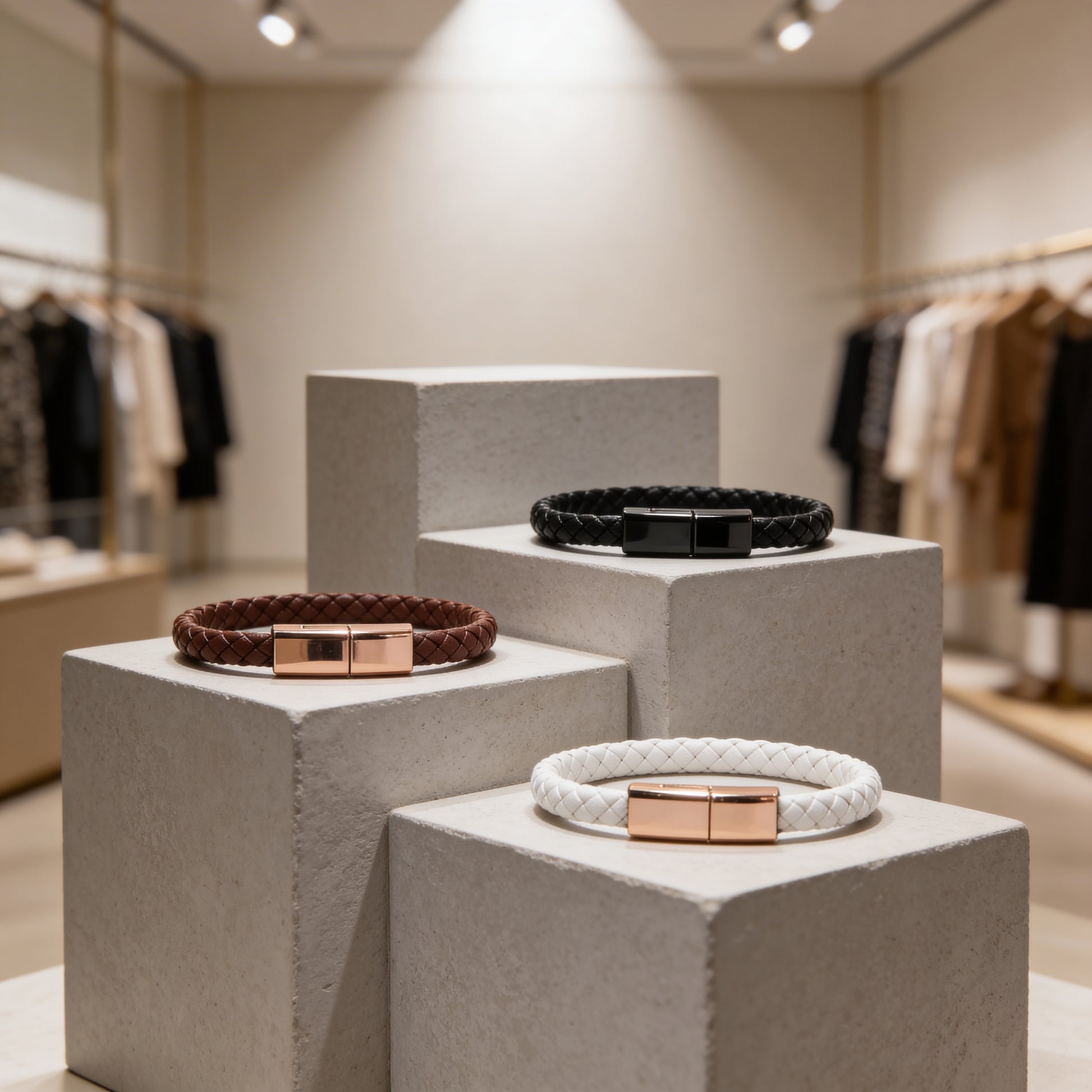 Three leather braided charging bracelets on stone plinth displays in a retail clothing store.
