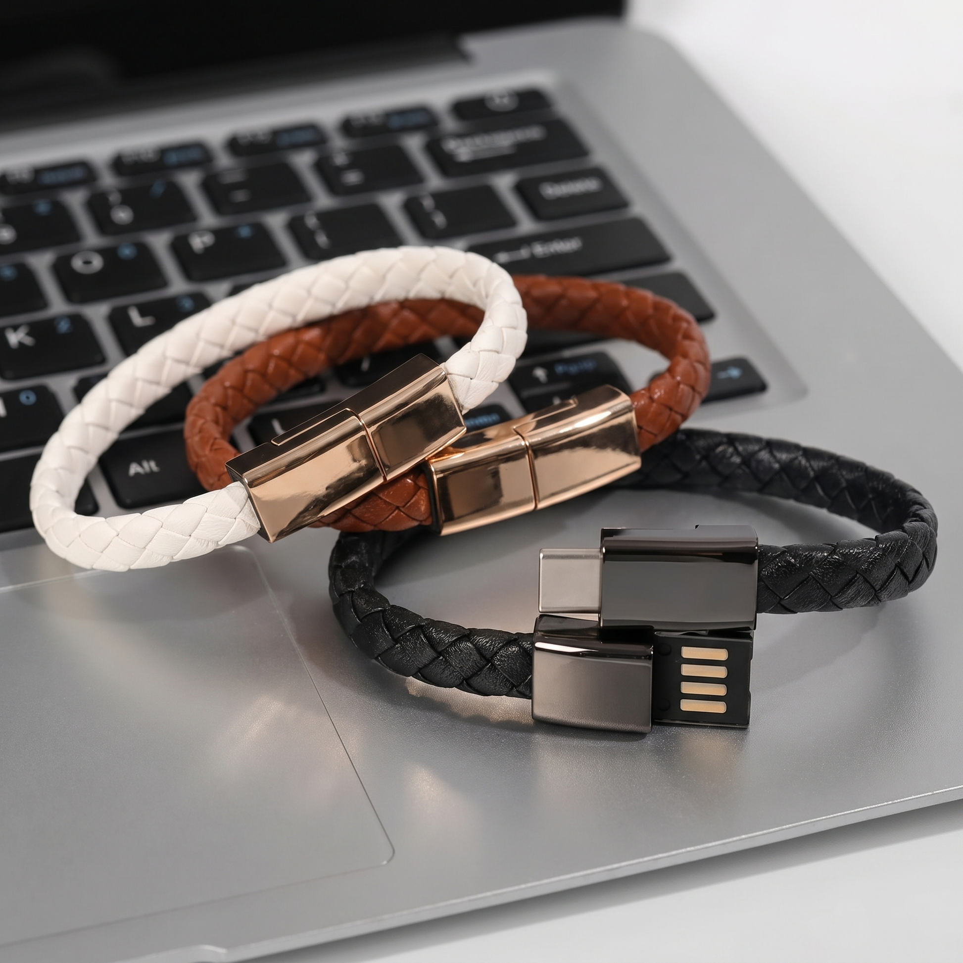 Three braided charging bracelets with metal clasps on a laptop keyboard, showing USB connectors.