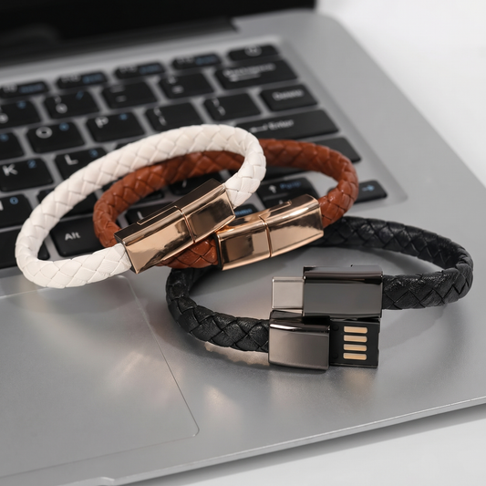 Three braided charging bracelets with metal clasps on a laptop keyboard, showing USB connectors.