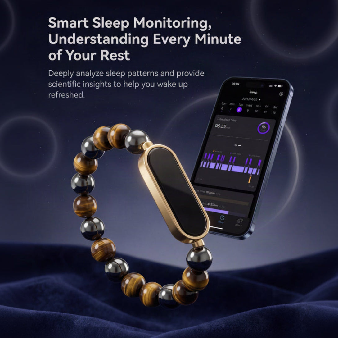 A smart sleep monitoring bracelet with a gold-tone rectangular processor and brown tiger's eye and black beads, shown next to a smartphone displaying a sleep app on a dark blue fabric background with promotional text.